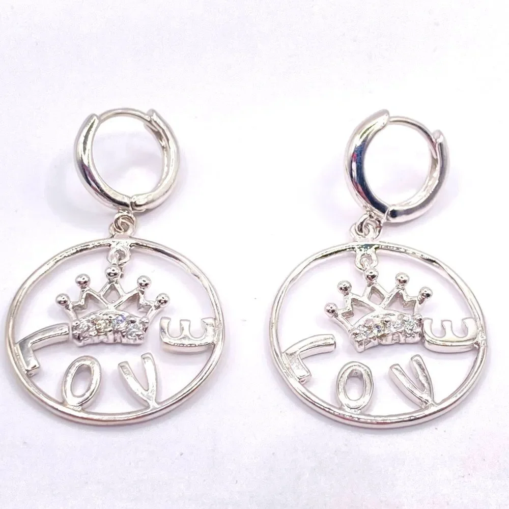 Silver hoop love crown dangle earrings